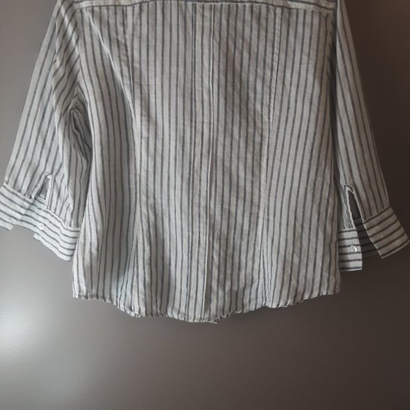 Puli 100% Linen White Grey Pinstripe Button Up Shirt Blouse, Size Large - Picture 9 of 13